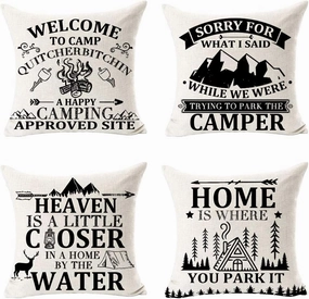 Pack of 4 Heaven is A Little Closer in A Home is Where You Park It Fun Quote Deer Mountain Best Gift for Camping Travel Throw Pillow Cover Cushion Case Cotton Linen Decorative 18 Square