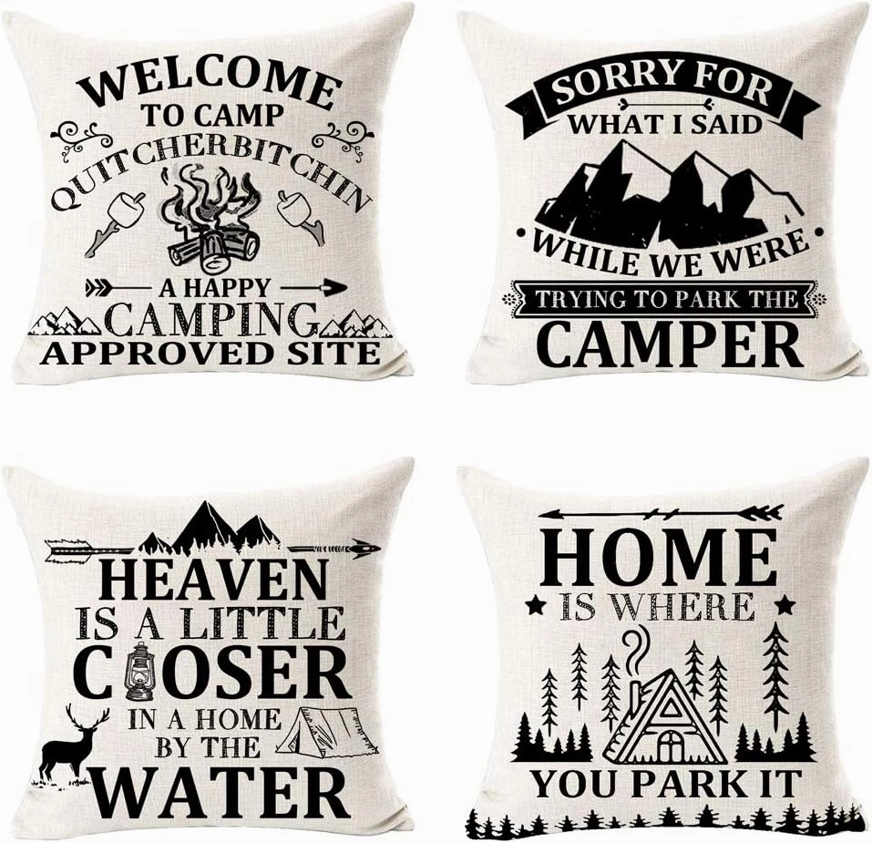 Pack of 4 Heaven is A Little Closer in A Home is Where You Park It Fun Quote Deer Mountain Best Gift for Camping Travel Throw Pillow Cover Cushion Case Cotton Linen Decorative 18 Square