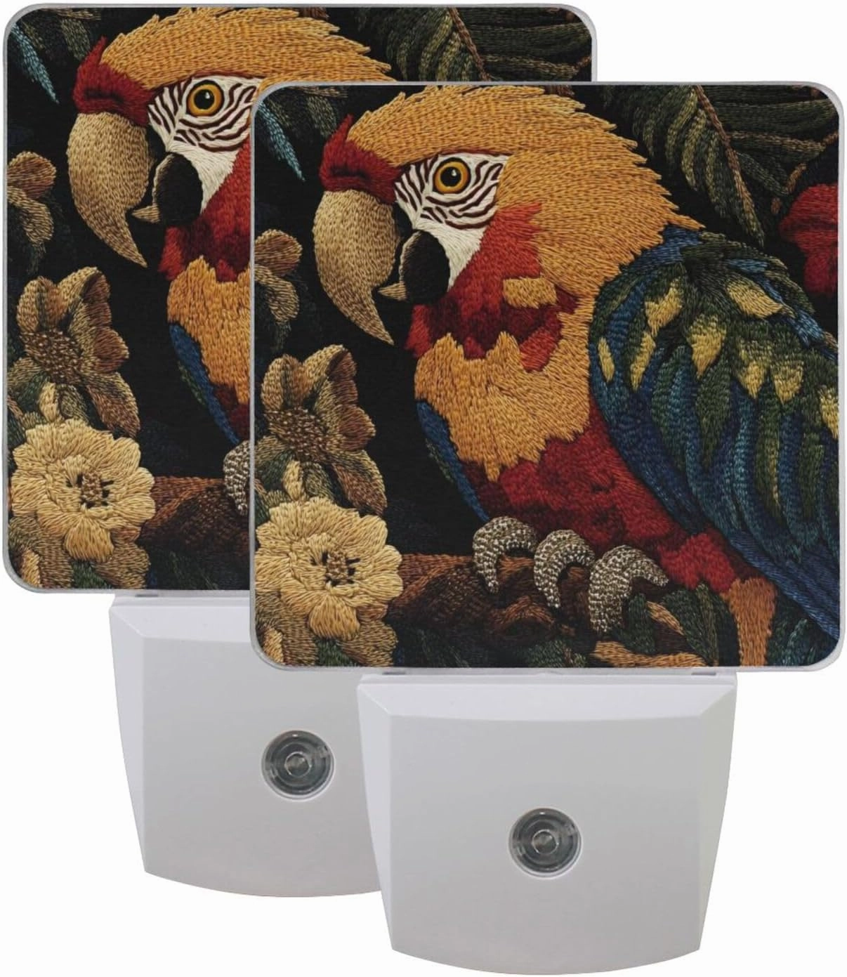 Parrot Embroidery Night Light Plug into Wall 2 Pack, Auto Dusk to Dawn Sensor LED for Home Decor 3×4.5×1.4 inches