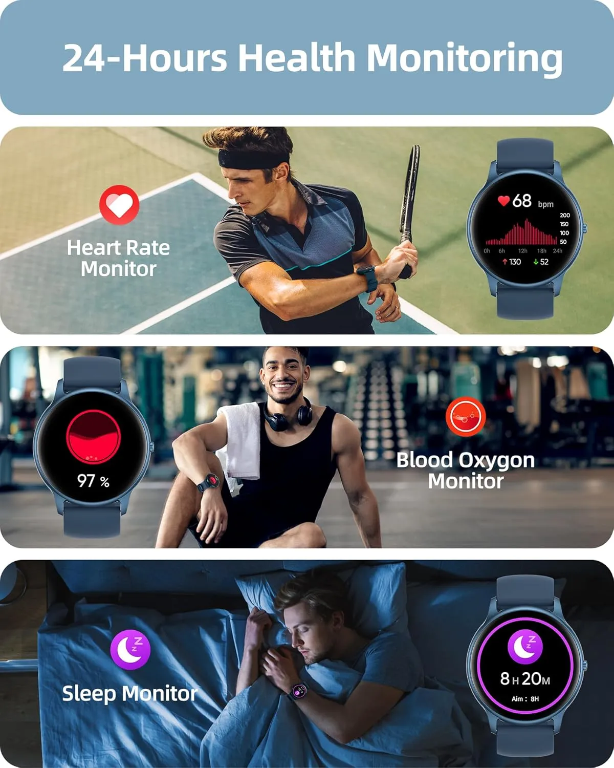 Parsonver Smart Watch for Women Men (Answer/Make Calls) Compatible with iPhone/Android Phones, Fitness Tracker with 100  Sports Modes IP68 Waterproof, Heart Rate/Blood Oxygen/Sleep/Steps Monitor, Blue