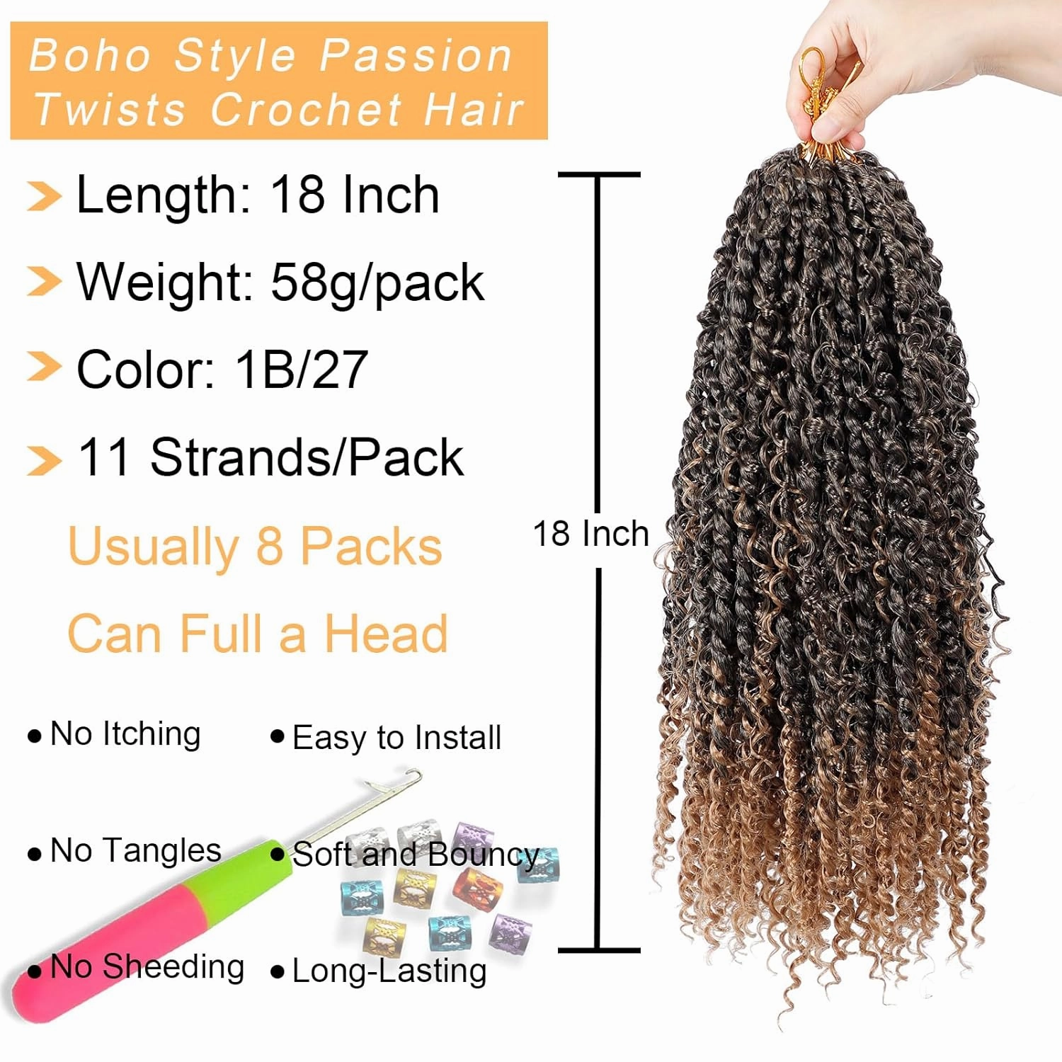 Passion Twist Hair 18inch Boho Style Passion Twist Crochet Hair for Black Women Boho Crochet Braids Pre Looped Goddess Blonde Ombre Passion Twist Hair (8Pack, T27)
