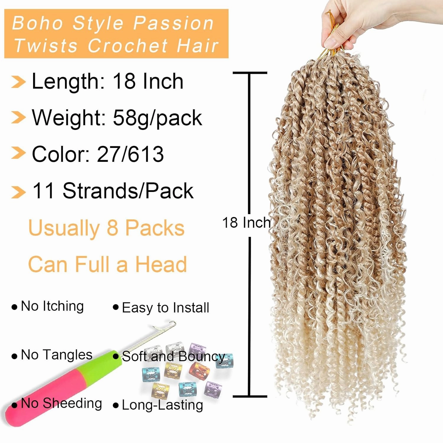 Passion Twist Hair 18inch Boho Style Passion Twist Crochet Hair for Black Women Boho Crochet Braids Pre Looped Goddess Brown Blonde Ombre Passion Twist Hair (8Pack, 27/613)