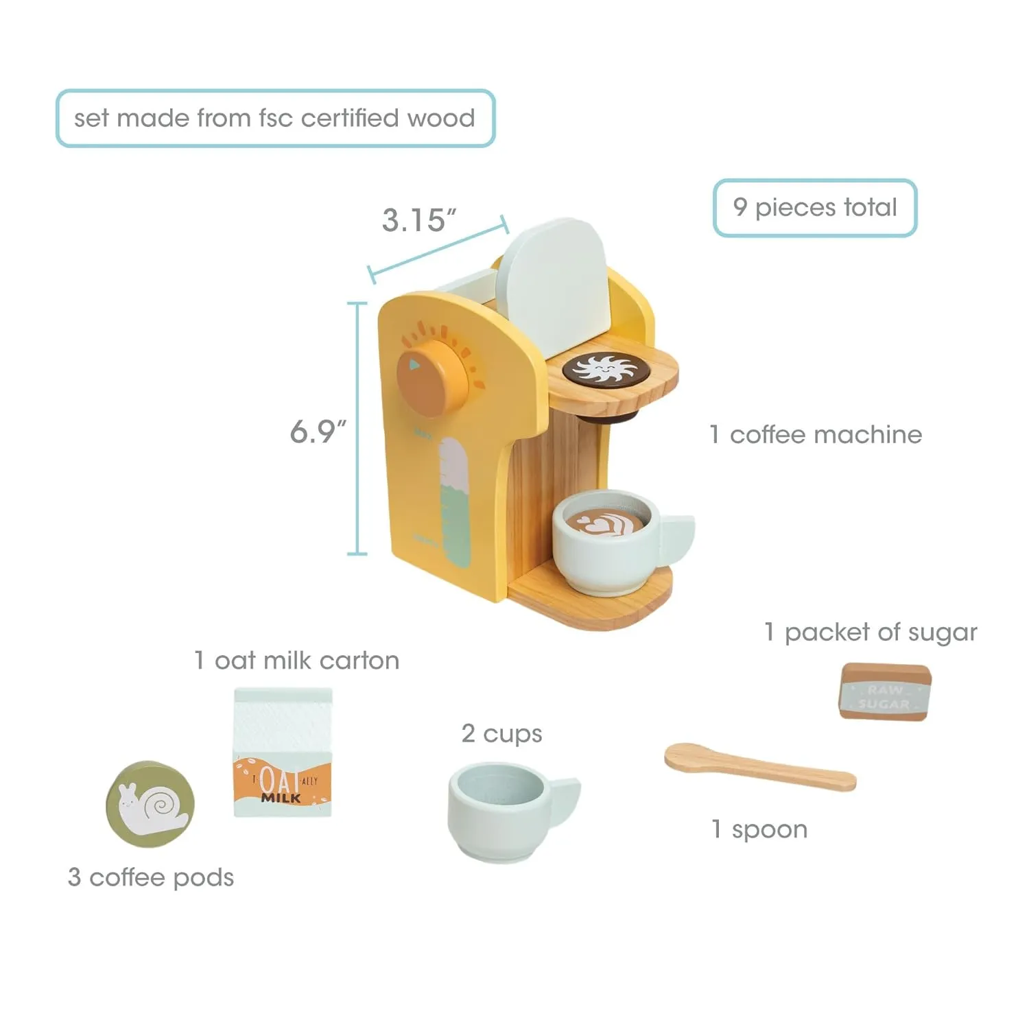 Pearhead Barista in Training Montessori Toy Coffee Maker, Wooden Pretend Play Toy Set for Developmental Learning, Play Kitchen Set for Toddlers Ages 3  Years, 9 Piece Wooden Play Toy Set