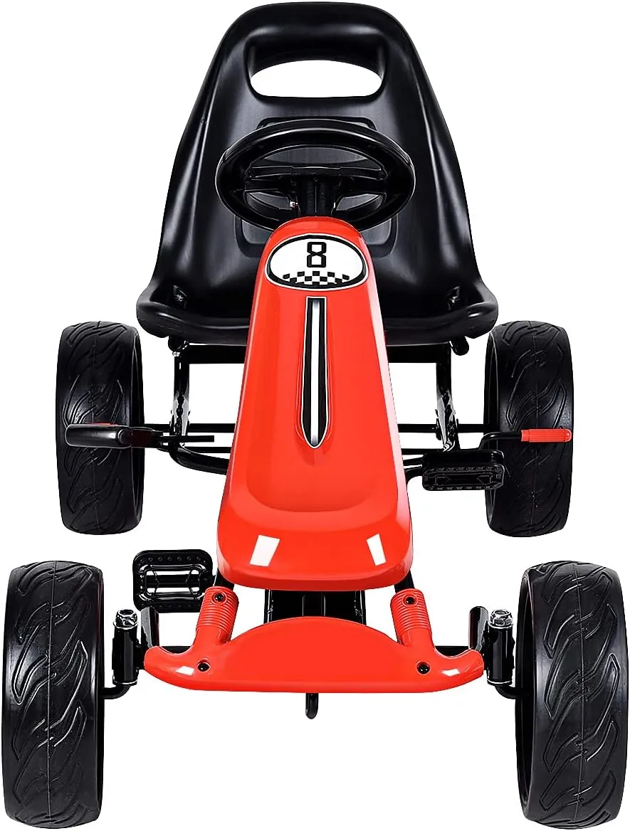 Pedal Go Kart for Kids, 4 Wheel Ride On Car, Off Road Racing Style Pedal Car w/2-Position Adjustable Seat, Handbrake & Clutch, EVA Rubber Wheels, Racer Pedal Vehicle for Boys Girls (Red)