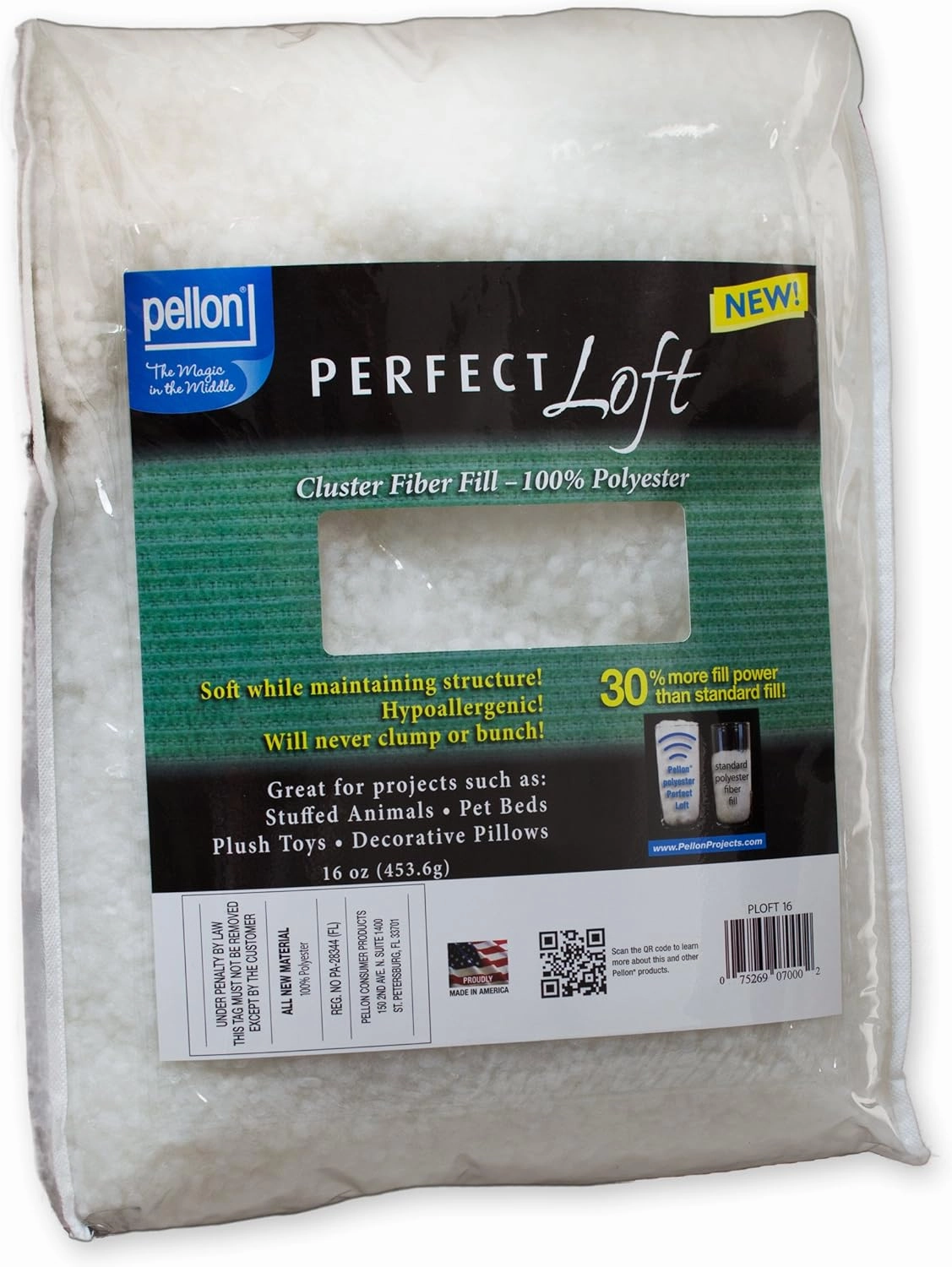 Pellon PLOFT16 Perfect Loft Cluster Stuffing Fibers, White,1 pounds