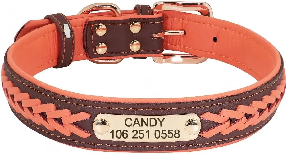 Personalized Braided Dog Collar Custom PU Leather Dog Collars Padded Pet ID Collar for Small Medium Large Dogs Pitbull Bulldog Orange XXL