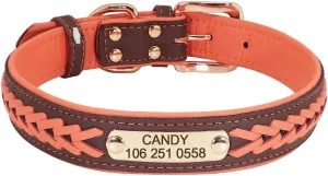 Personalized Braided Dog Collar Custom PU Leather Dog Collars Padded Pet ID Collar for Small Medium Large Dogs Pitbull Bulldog Orange XXL