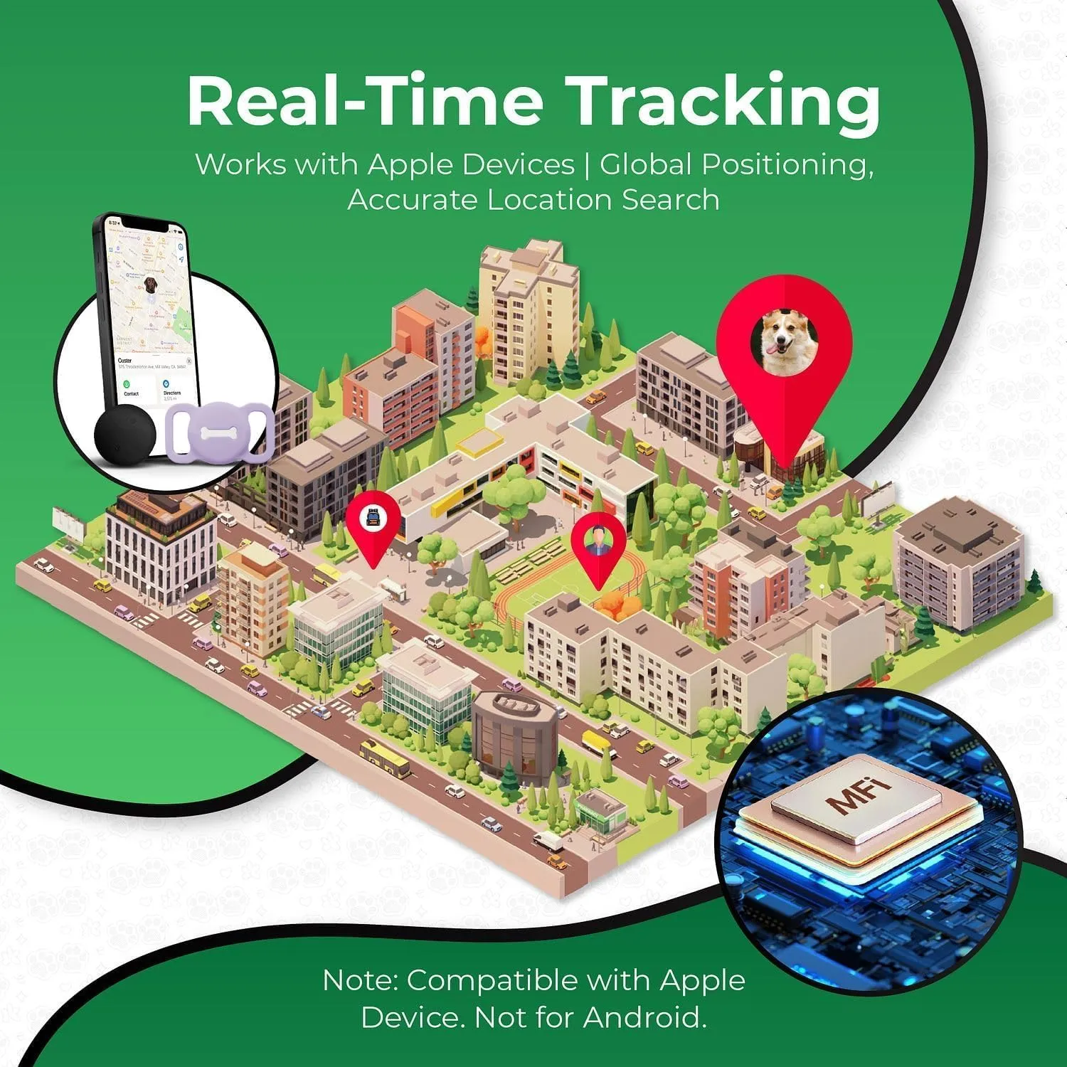 Pet Tracker for Cat, Smart Pet Location Tracker with Case, Smart Item Finder, MFi Certificated Tracking Device, No Monthly Fee, Works with Find My (iOS Only) (Purple Small)