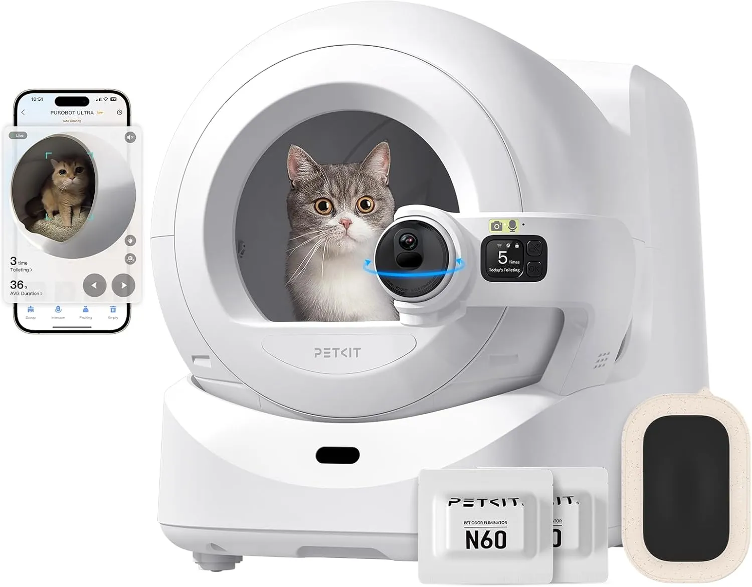 PETKIT 2025 New Purobot Ultra Automatic Waste Packing Self-Cleaning Cat Litter Box with AI Camera, 5G WiFi Phone App Control, True Hands-Free Auto Scooping, Anti-Pinch Sensor, Pet Facial Recognition