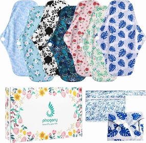 PHOGARY 7 Packs Reusable Menstrual Pads with Wings, Breathable Mesh Surface Cloth Sanitary Pads for Heavy Flow with Wet Bag, Washable Overnight Cloth Panty Liners for Women
