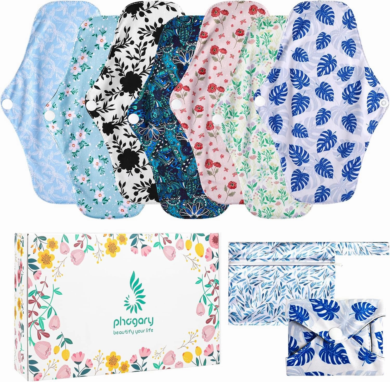 PHOGARY 7 Packs Reusable Menstrual Pads with Wings, Breathable Mesh Surface Cloth Sanitary Pads for Heavy Flow with Wet Bag, Washable Overnight Cloth Panty Liners for Women
