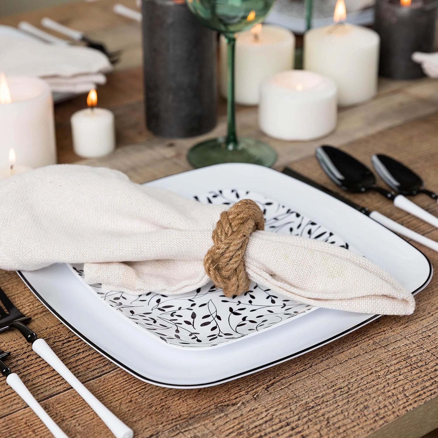 PLASTICPRO Square 32 Piece Combo Plates Set includes 16 x 7'' inch Salad Plates & 16 x 10'' inch Dinner Plates White Plastic withBlack Leaf Design Party Plates, Premium Elegant, Tableware,