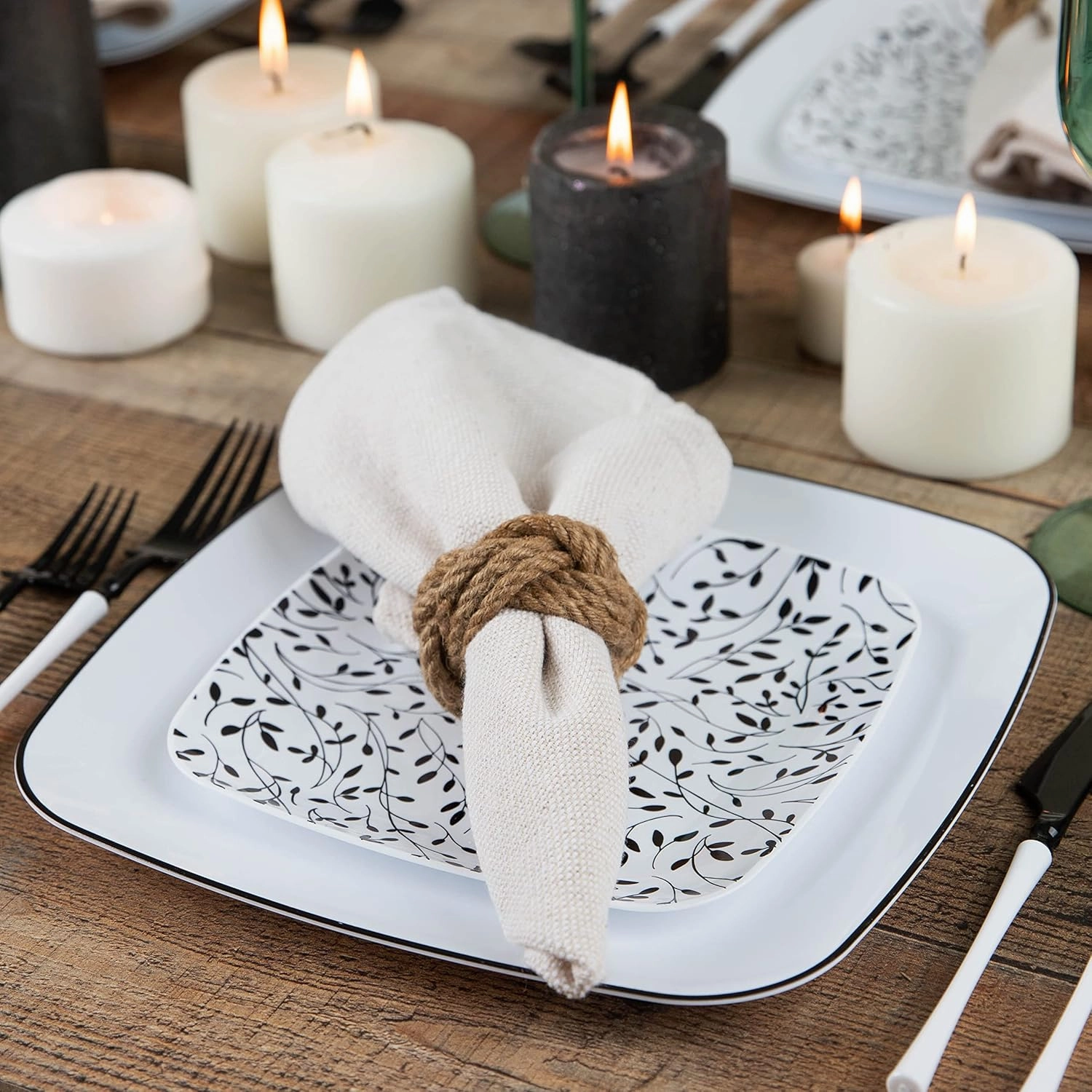 PLASTICPRO Square 32 Piece Combo Plates Set includes 16 x 7'' inch Salad Plates & 16 x 10'' inch Dinner Plates White Plastic withBlack Leaf Design Party Plates, Premium Elegant, Tableware,
