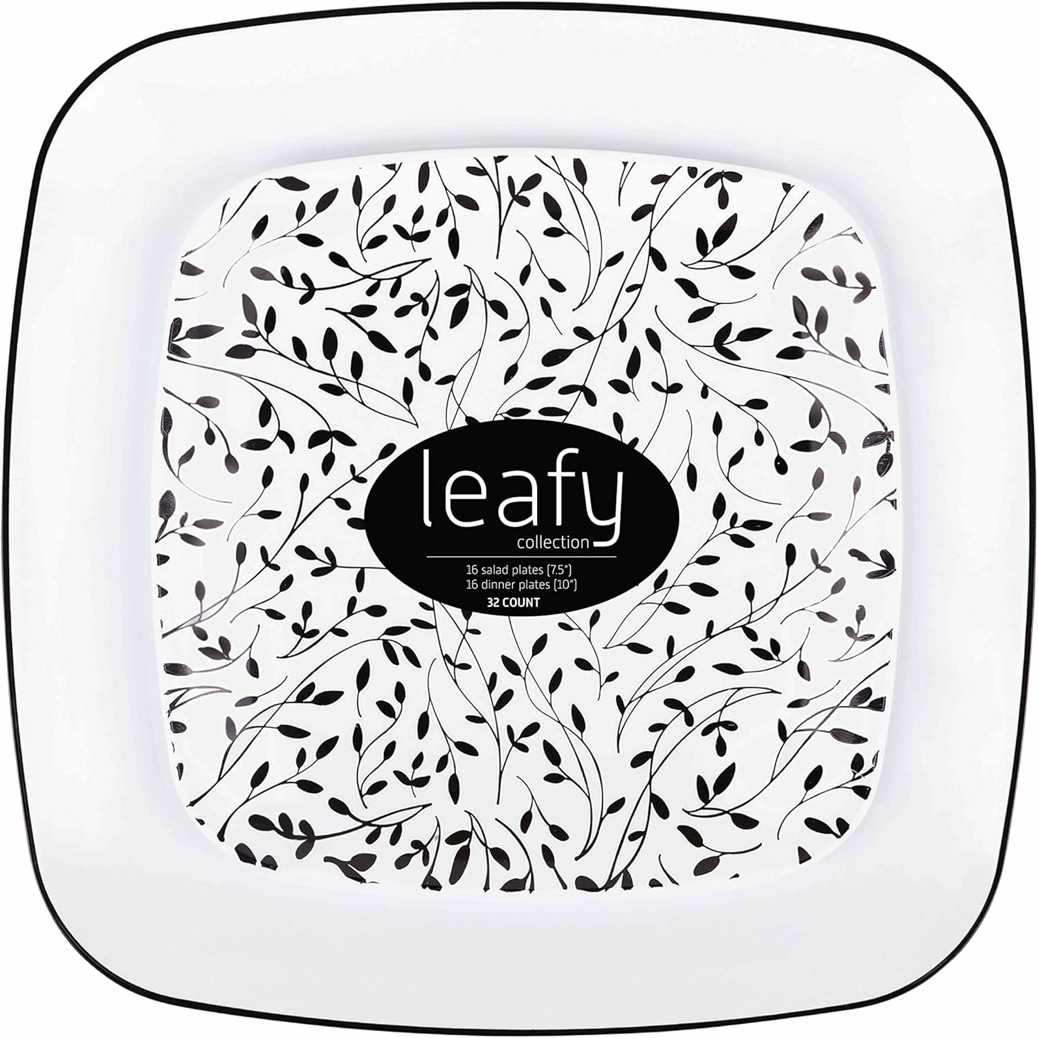 PLASTICPRO Square 32 Piece Combo Plates Set includes 16 x 7'' inch Salad Plates & 16 x 10'' inch Dinner Plates White Plastic withBlack Leaf Design Party Plates, Premium Elegant, Tableware,
