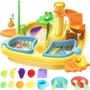 Play Sink with Running Water, 2 in 1 Kitchen Sink Toys Pool Floating Fishing Game with Automatic Water Cycle System, Cutting Food, Toddlers, Kids Role Play Dishwasher Toy