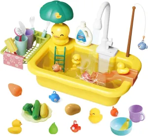 Play Sink with Running Water, Toddler Sink Toy with Automatic Water Cycle System ＆ Play Food, Pool Floating Fishing Game, Role Play Pretend Dishwasher Toy Gift for Boys Girls(Yellow)