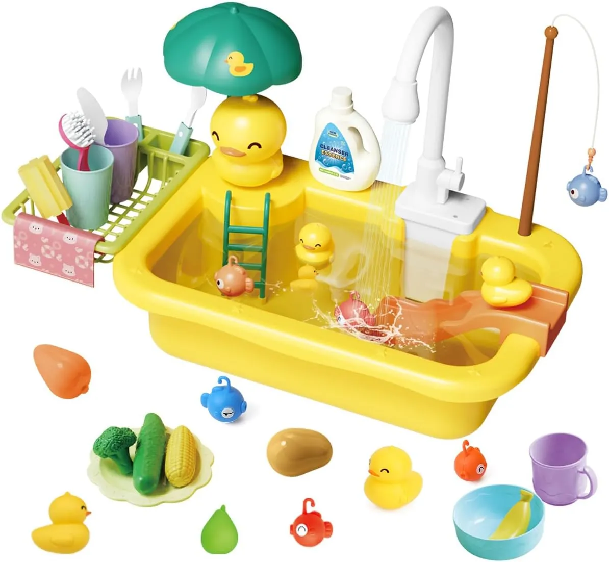 Play Sink with Running Water, Toddler Sink Toy with Automatic Water Cycle System ＆ Play Food, Pool Floating Fishing Game, Role Play Pretend Dishwasher Toy Gift for Boys Girls(Yellow)