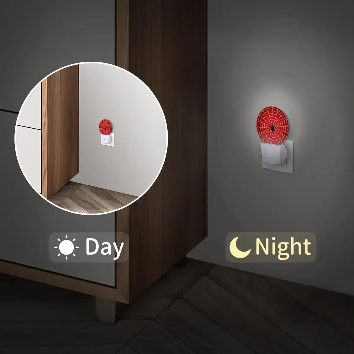 Plug-in Led Night Light with Auto Dusk to Dawn Sensor for Boys Girls Room Decor, Red Spider Web Wall Lamp Nightlights for Hallway,Bedroom, Kids Room, Kitchen, Stairway, (0.5W, 2 Pack)