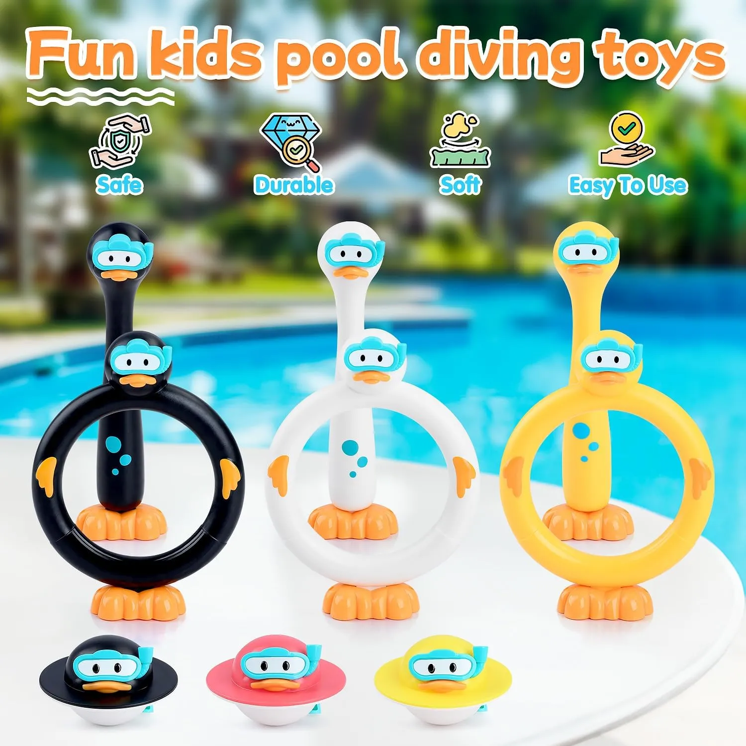 Pool Diving Toys for Kids, 9 PCS Swimming Pool Diving Rings, Summer Duck Dive Sticks with Duck Float Toys for Kids 4-8 8-12, Fun Outdoor Underwater Pool Games for Teens