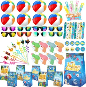 Pool Party Favors, Summer Party Favors For Kids, 64 PCS Pool Party Decorations Supplies Including Hawaiian Straws, Beach Balls, Kids Sunglasses, and More Pool Summer Toys for Kids Ages 4-8-12