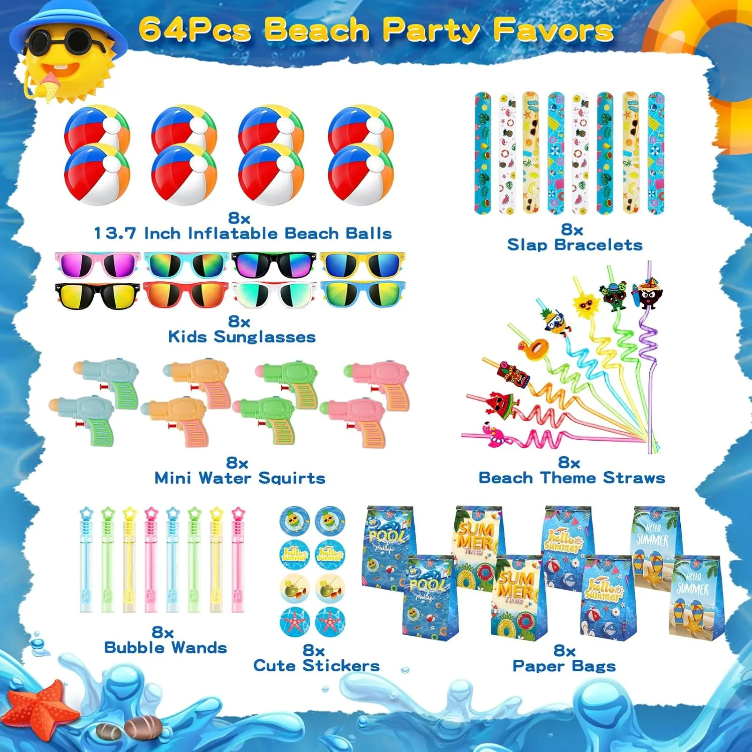 Pool Party Favors, Summer Party Favors For Kids, 64 PCS Pool Party Decorations Supplies Including Hawaiian Straws, Beach Balls, Kids Sunglasses, and More Pool Summer Toys for Kids Ages 4-8-12