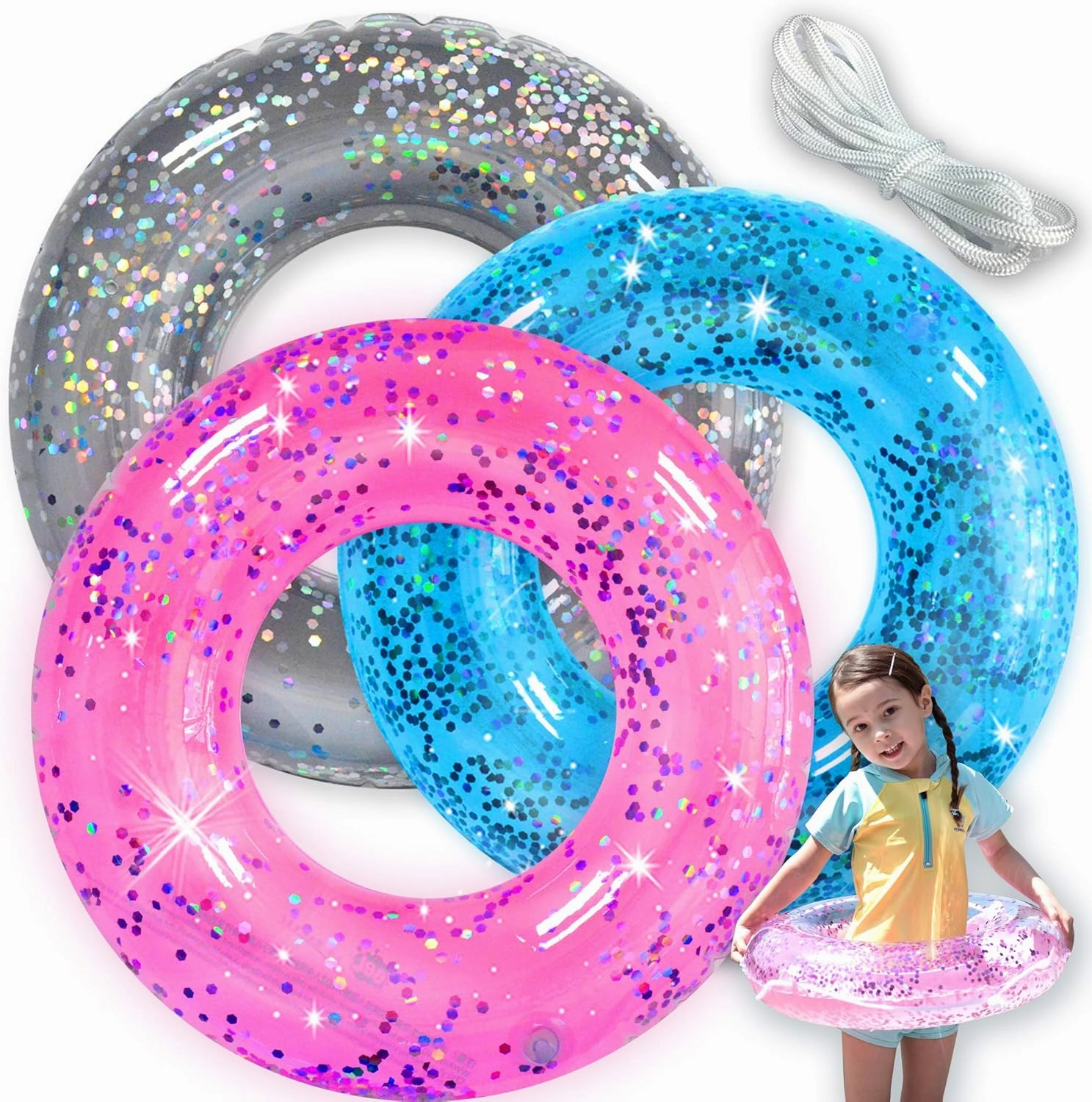 Pool Floats Kids 3 Pack, Inflatable Swim Rings for Kids Pool Tubes Toys, Pool Floats Ring Toys, Summer Beach Swimming Pool Floats Party Supplies   Patch&Tow Rope