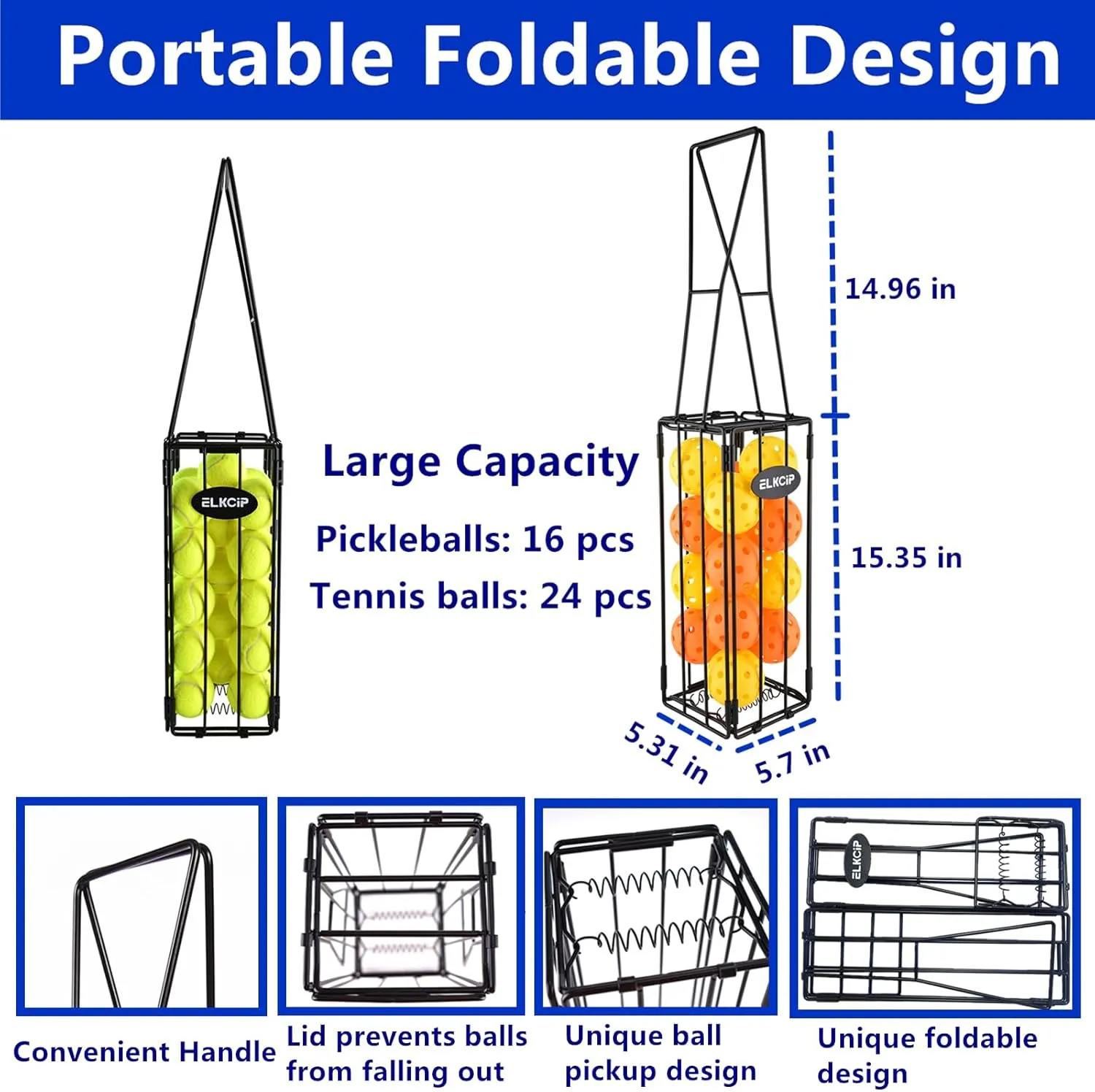 Portable Pickleball & Tennis Ball Collector - Pickleball Retriever Basket Carrier Gatherer Picker Hopper Container for Picking and Storage Training Tool for Ball