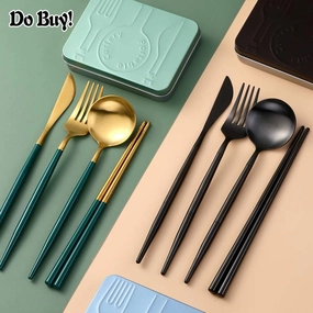 Portable & Reusable Stainless Steel Travel Cutlery Set，Folding Utensil Set with Case ，for Camping, Picnic, Office and On-The-Go (Pocket Sized Flatware Set) (Black) (Black Gold)