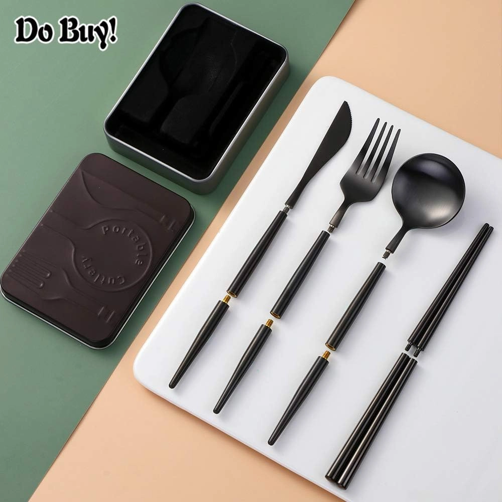 Portable & Reusable Stainless Steel Travel Cutlery Set，Folding Utensil Set with Case ，for Camping, Picnic, Office and On-The-Go (Pocket Sized Flatware Set) (Black) (Black Gold)