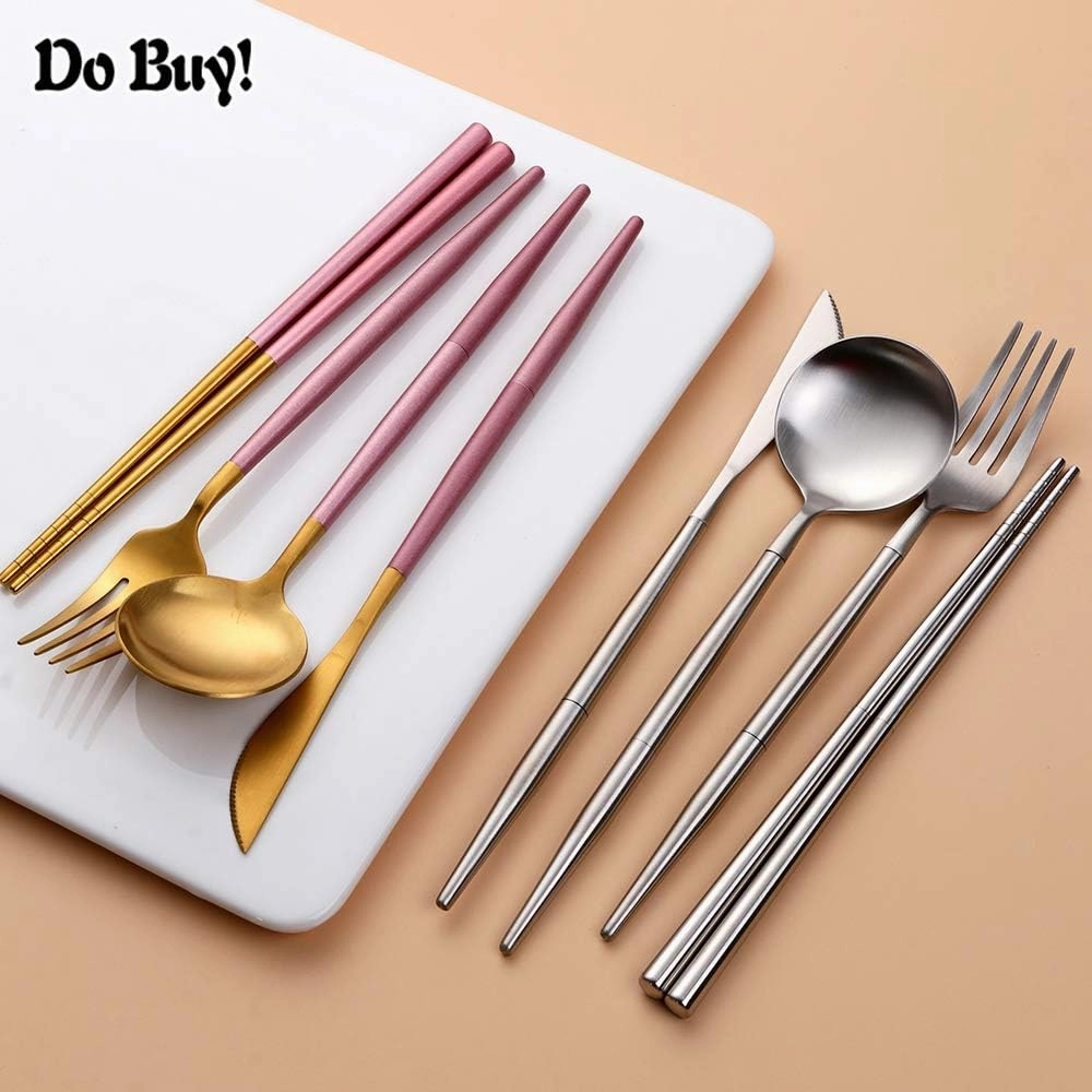 Portable & Reusable Stainless Steel Travel Cutlery Set，Folding Utensil Set with Case ，for Camping, Picnic, Office and On-The-Go (Pocket Sized Flatware Set) (Black) (Black Gold)