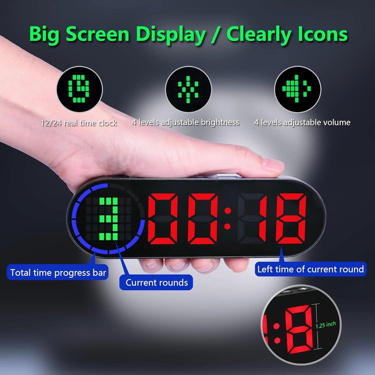 Portable Gym Timer for Home Gym Interval Timer for Workout with Time Progress Bar/Rounds, Workout Clock for Boxing HIIT Tabata Emom Fitness Rechargeable Battery Powered…
