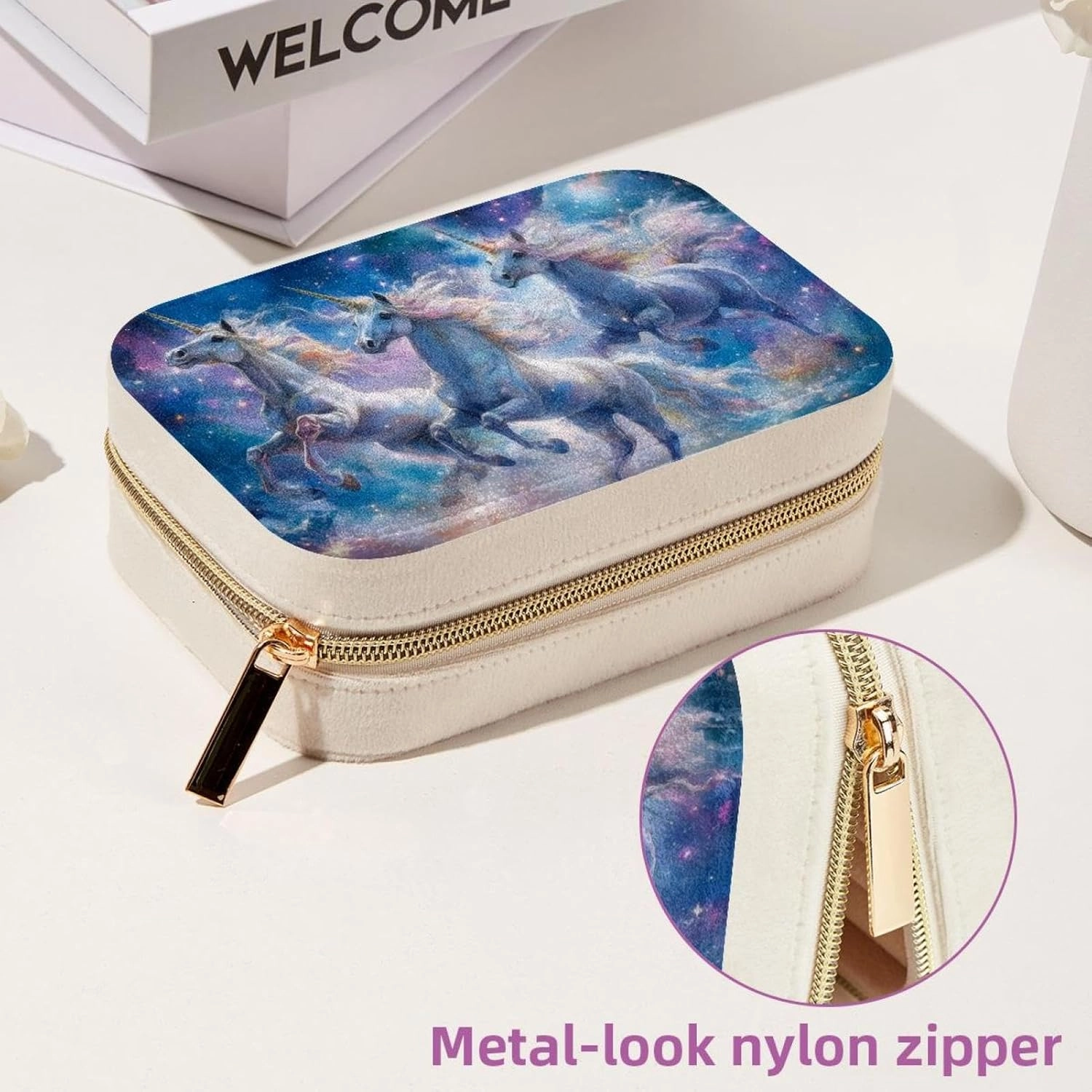 Portable Travel Mini Jewelry Box Velvet Jewellery Ring Organizer Case Galaxy Cosmic Unicorns