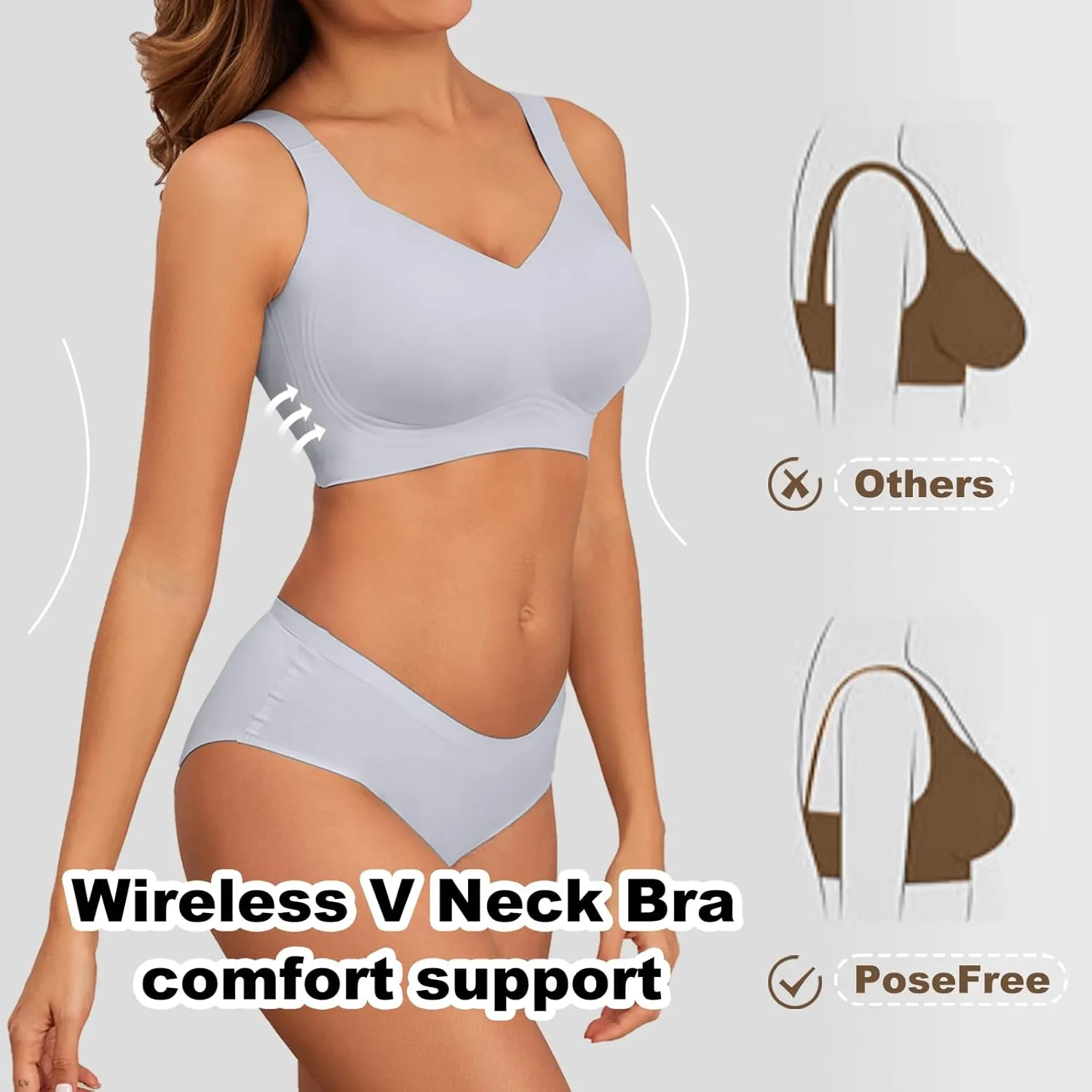 PoseFree Womens Seamless Wireless Supportive Bra Push Up Comfort Soft No Underwire Full Coverage T-Shirt Bra
