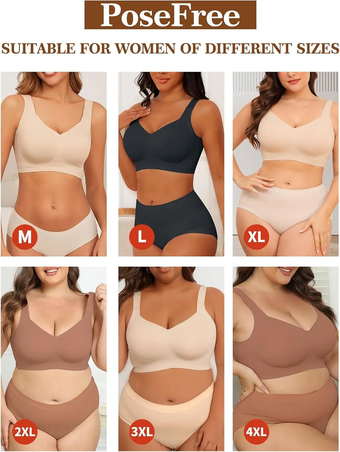 PoseFree Womens Seamless Wireless Supportive Bra Push Up Comfort Soft No Underwire Full Coverage T-Shirt Bra