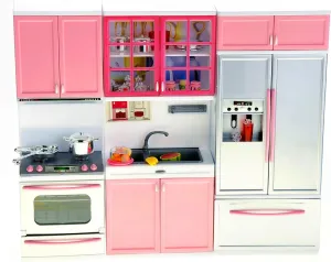 PowerTRC Doll Kitchen Play Set, Mini Modern Toy Pink Kitchen Pretend Play Furnitures Toy Set Accessories Set with Realistic Light & Sound for Kids Toddlers Girls (3-in-1)