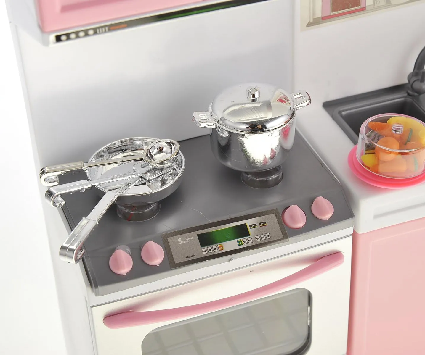 PowerTRC Doll Kitchen Play Set, Mini Modern Toy Pink Kitchen Pretend Play Furnitures Toy Set Accessories Set with Realistic Light & Sound for Kids Toddlers Girls (3-in-1)