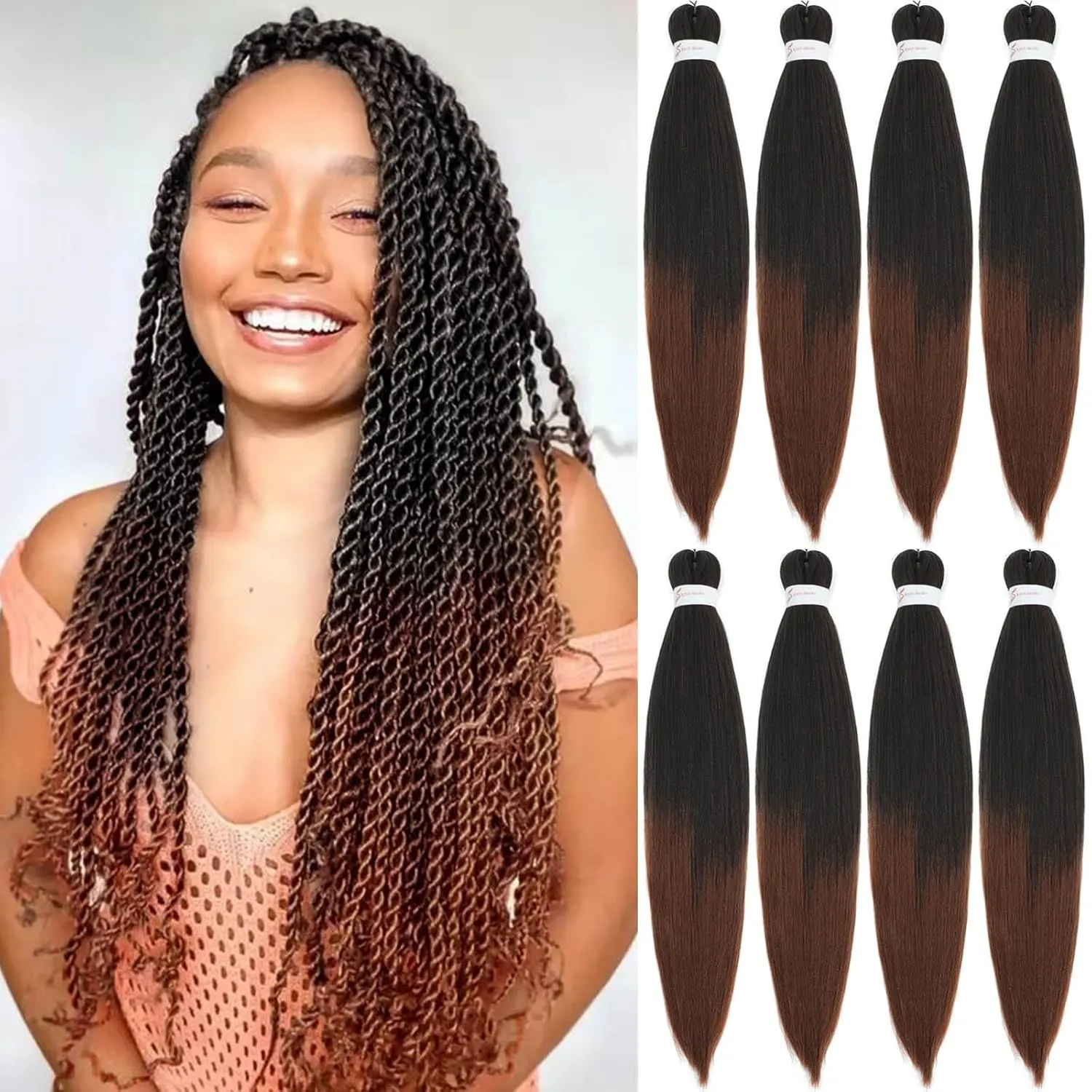 Pre Stretched Braiding Hair 20 Inch 8 Pack Natural Black Brown Braiding Hair Pre Stretched Hair For Braiding Hot Water Setting Soft Synthetic Braiding Hair Extension For Twist (20Inch,1B/30)