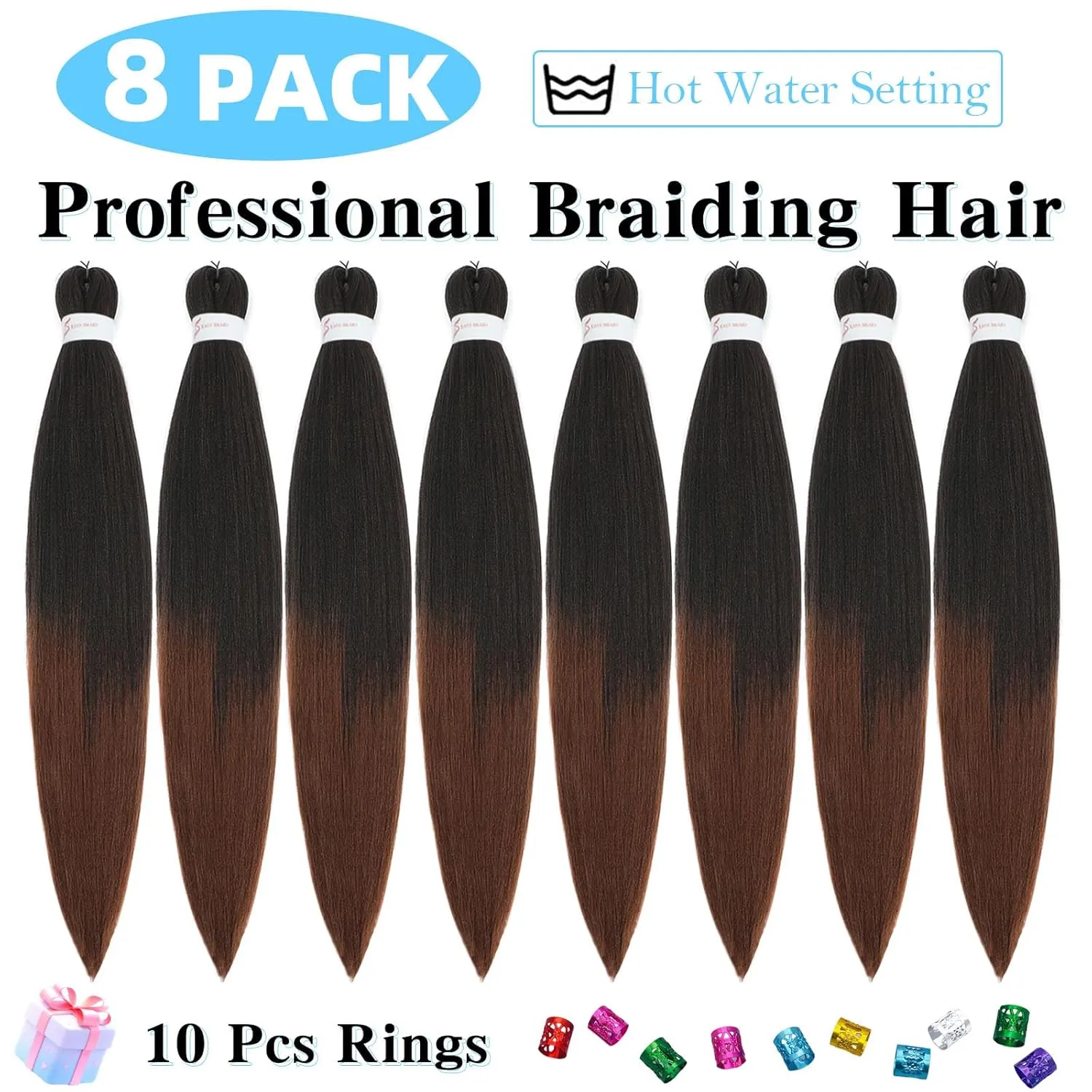 Pre Stretched Braiding Hair 20 Inch 8 Pack Natural Black Brown Braiding Hair Pre Stretched Hair For Braiding Hot Water Setting Soft Synthetic Braiding Hair Extension For Twist (20Inch,1B/30)