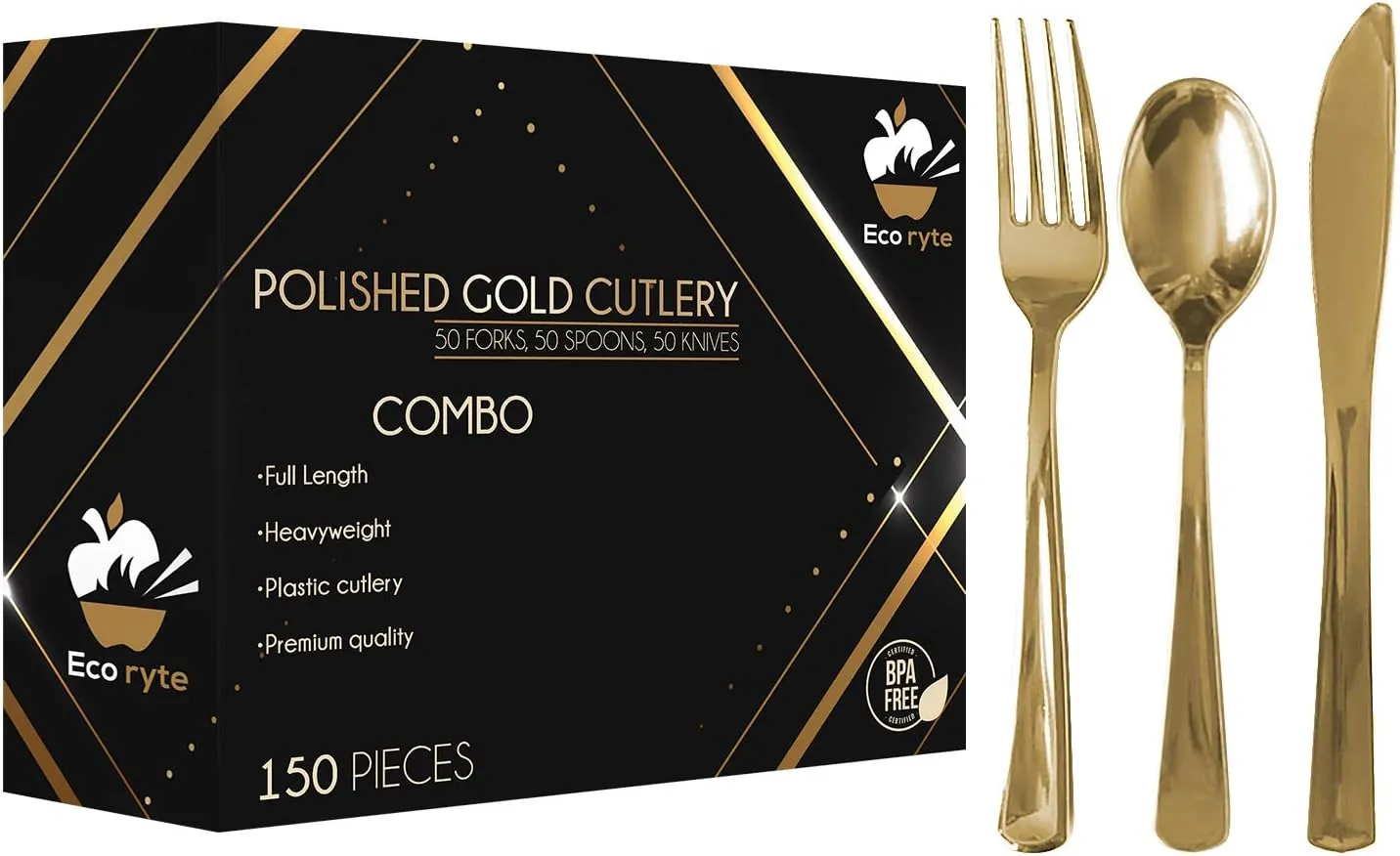 Premium Heavy-Duty Gold Plastic Silverware Set - 150pcs, Includes 50 Forks, 50 Knives, 50 Spoons - Disposable & Reusable, BPA Free