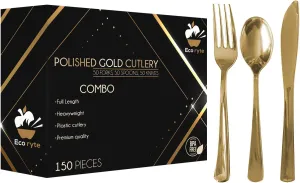 Premium Heavy-Duty Gold Plastic Silverware Set - 150pcs, Includes 50 Forks, 50 Knives, 50 Spoons - Disposable & Reusable, BPA Free