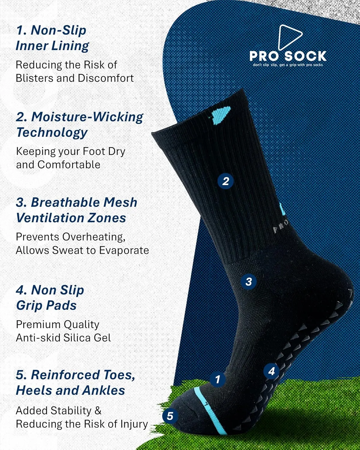 Premium Soccer Grip Socks Men, Women and Youth, 2 Pairs Non-Slip Grip Socks Soccer - in 4 Sizes for a Perfect Fit