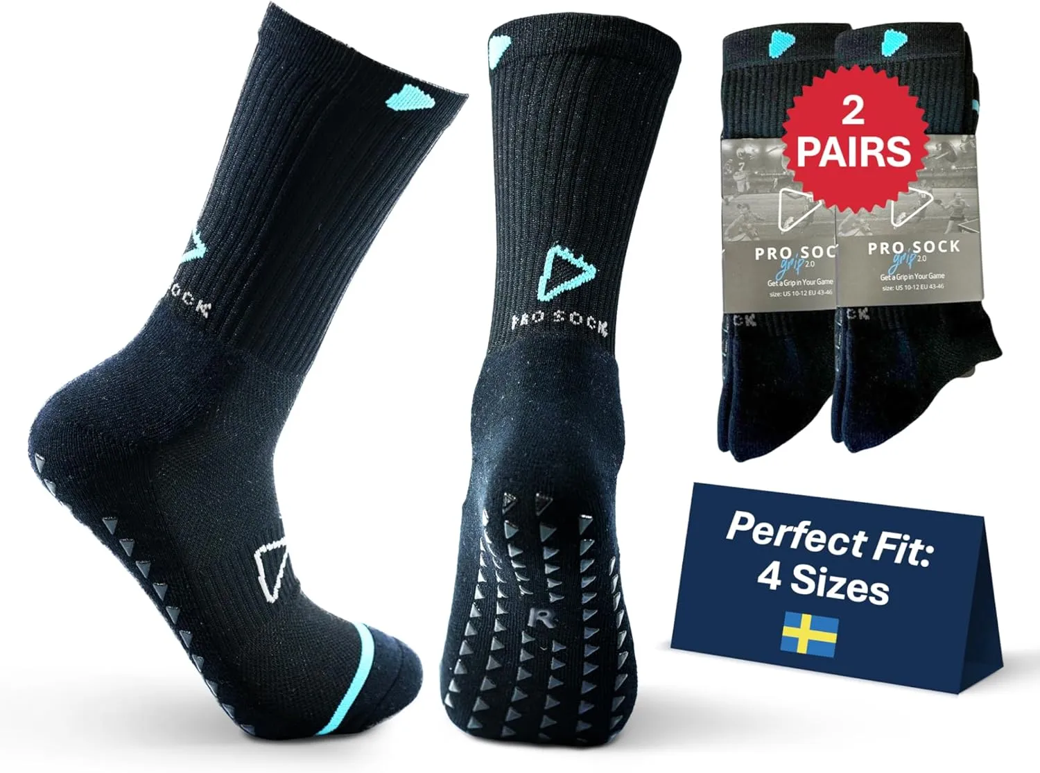 Premium Soccer Grip Socks Men, Women and Youth, 2 Pairs Non-Slip Grip Socks Soccer - in 4 Sizes for a Perfect Fit
