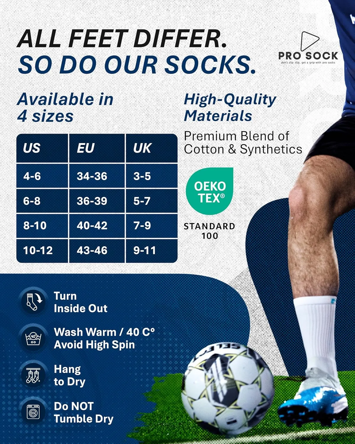 Premium Soccer Grip Socks Men, Women and Youth, 2 Pairs Non-Slip Grip Socks Soccer - in 4 Sizes for a Perfect Fit