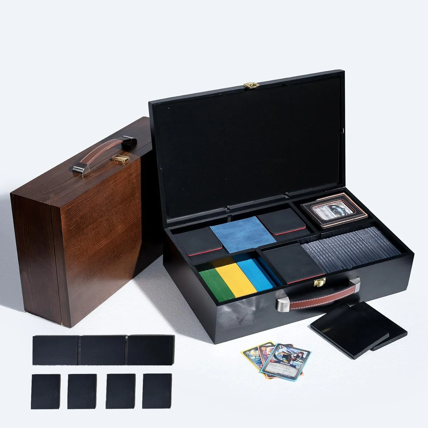 Premium Solid Wood Dual-Row Storage Case with Removable Dividers - Portable Organizer for 35PT Card Bricks, Collectible Cards, Sports Cards & Small Accessories (16.7"×10"×4.2" ,Black - velvet ）