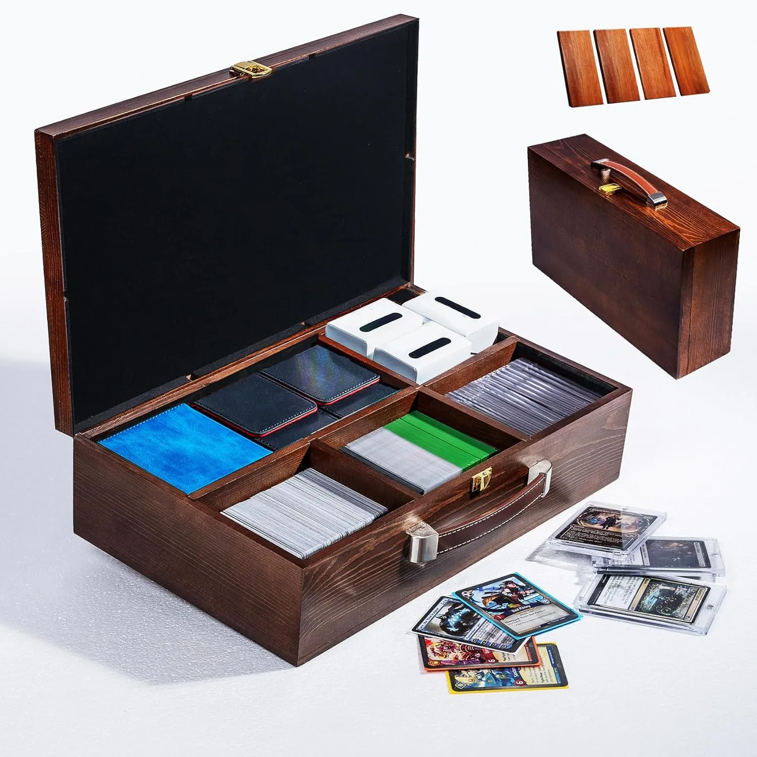 Premium Solid Wood Dual-Row Storage Case with Removable Dividers - Portable Organizer for 35PT Card Bricks, Collectible Cards, Sports Cards & Small Accessories (16.7"×10"×4.2" , Walnut - velvet )