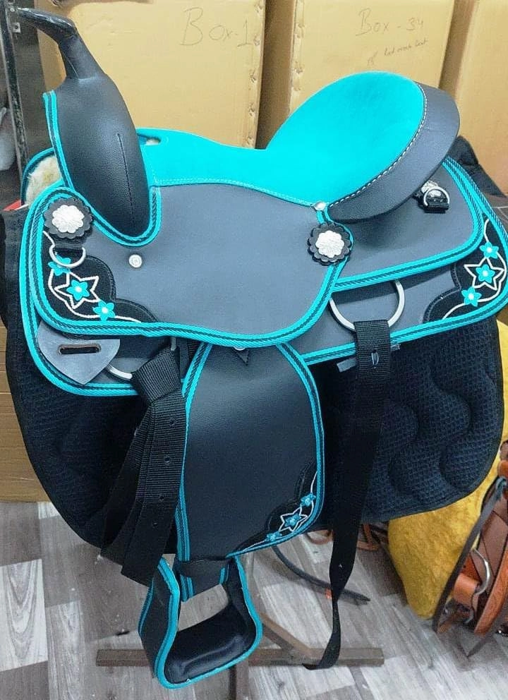 Premium Synthetic Western Saddle Lightweight Horse Saddle for Kids, Trail Riding, Barrel Racing Black & Pink, Black & Turquoise Comfortable Padded Seat Free Tack Set