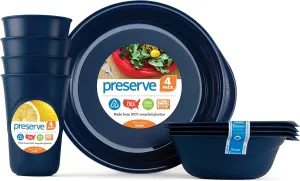 Preserve Reusable BPA Free Everyday Tableware Set Made from Recycled Plastic: 4 Plates, 4 Bowls, 4 Cups, Midnight Blue