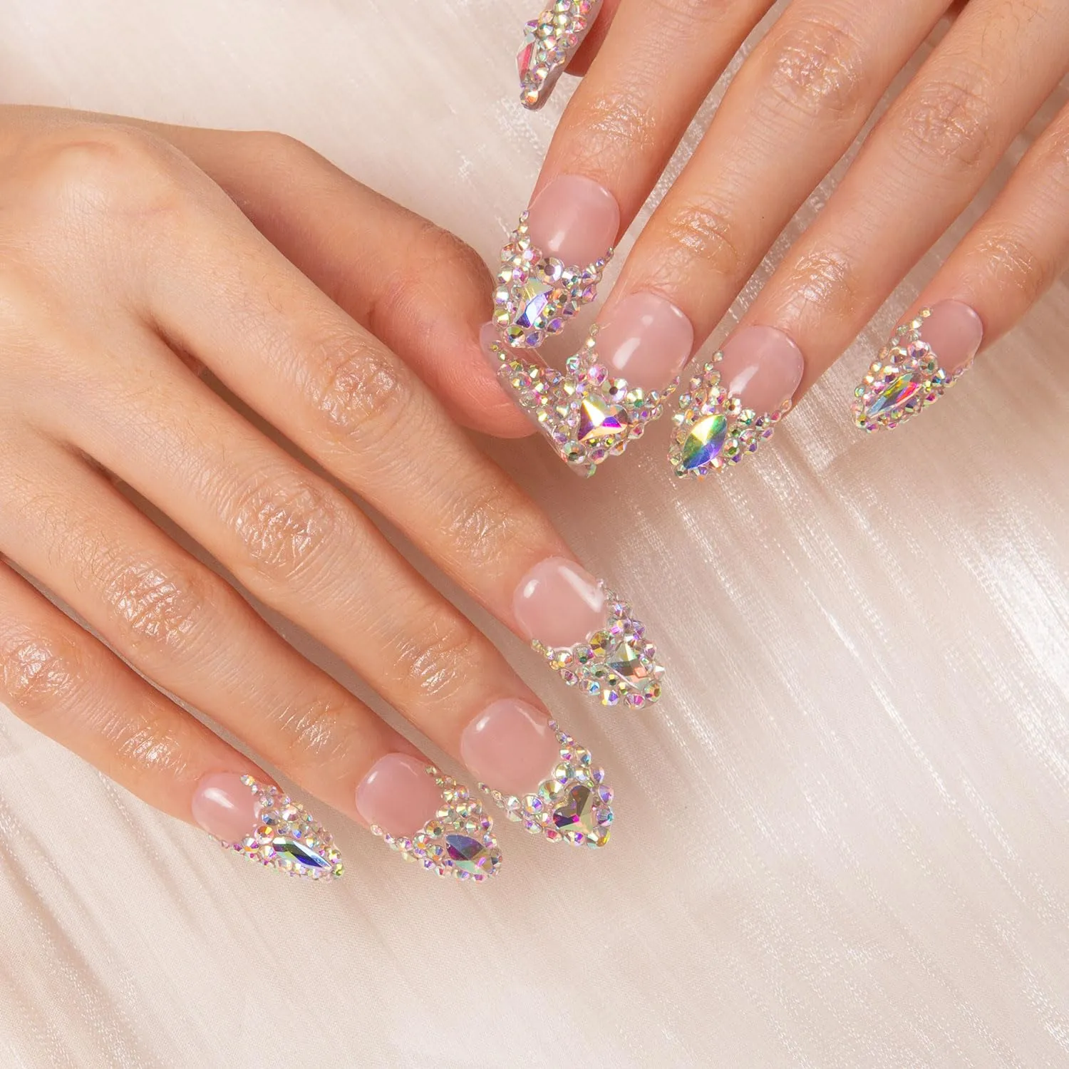 Press on Nails Angel's Tear Rhinestone | Handmade with Full Covered Crystals | Reusable Fake Nails | Almond Regular 1.0 in | H48-M