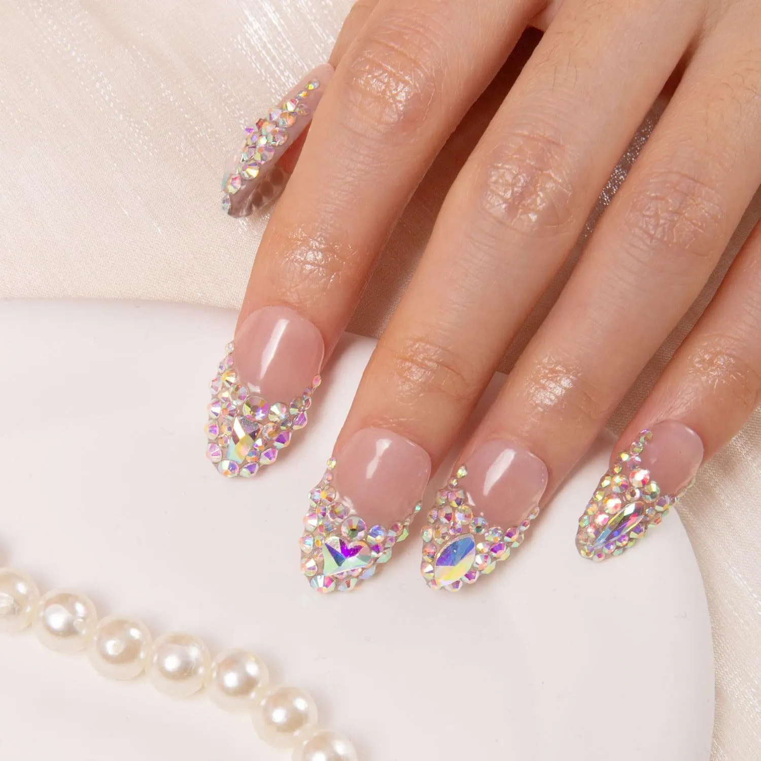 Press on Nails Angel's Tear Rhinestone | Handmade with Full Covered Crystals | Reusable Fake Nails | Almond Regular 1.0 in | H48-M