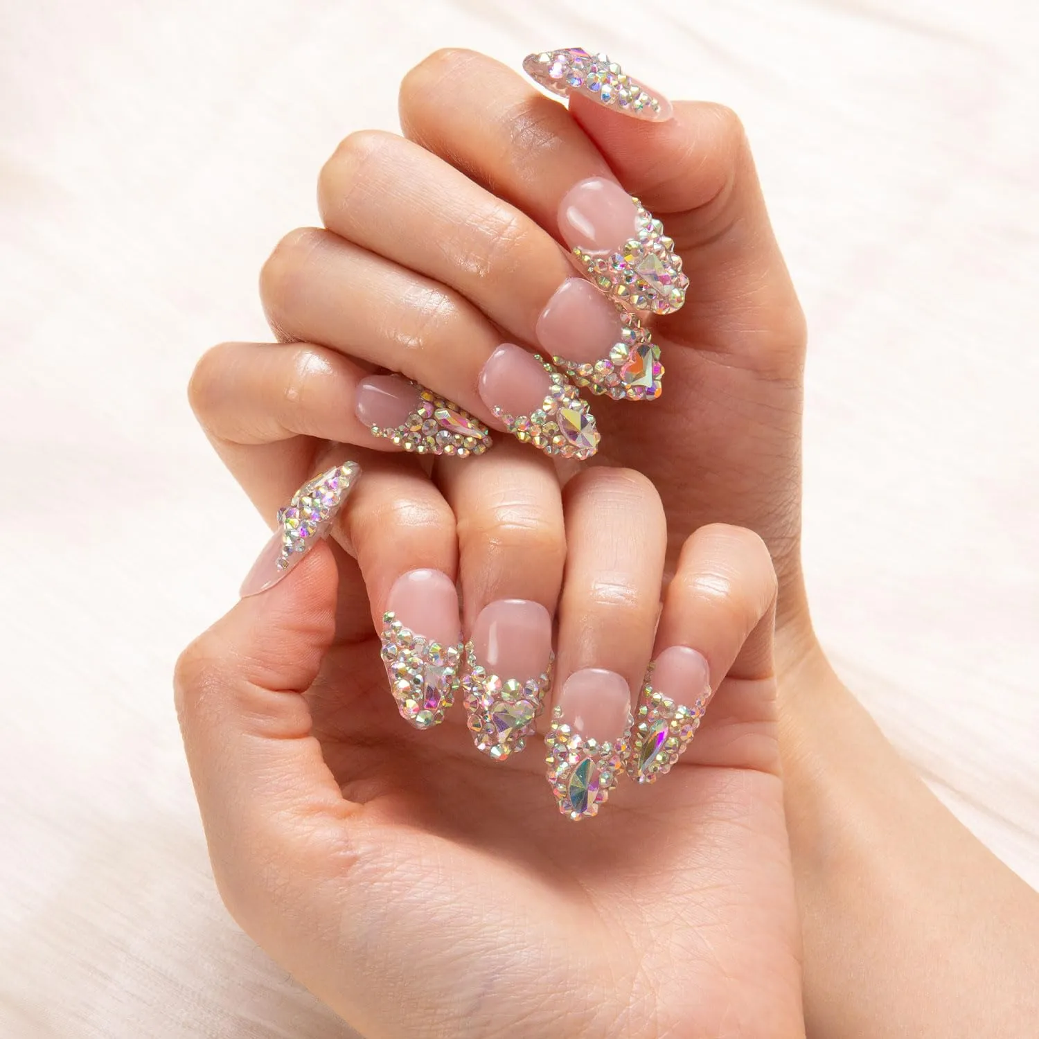 Press on Nails Angel's Tear Rhinestone | Handmade with Full Covered Crystals | Reusable Fake Nails | Almond Regular 1.0 in | H48-M